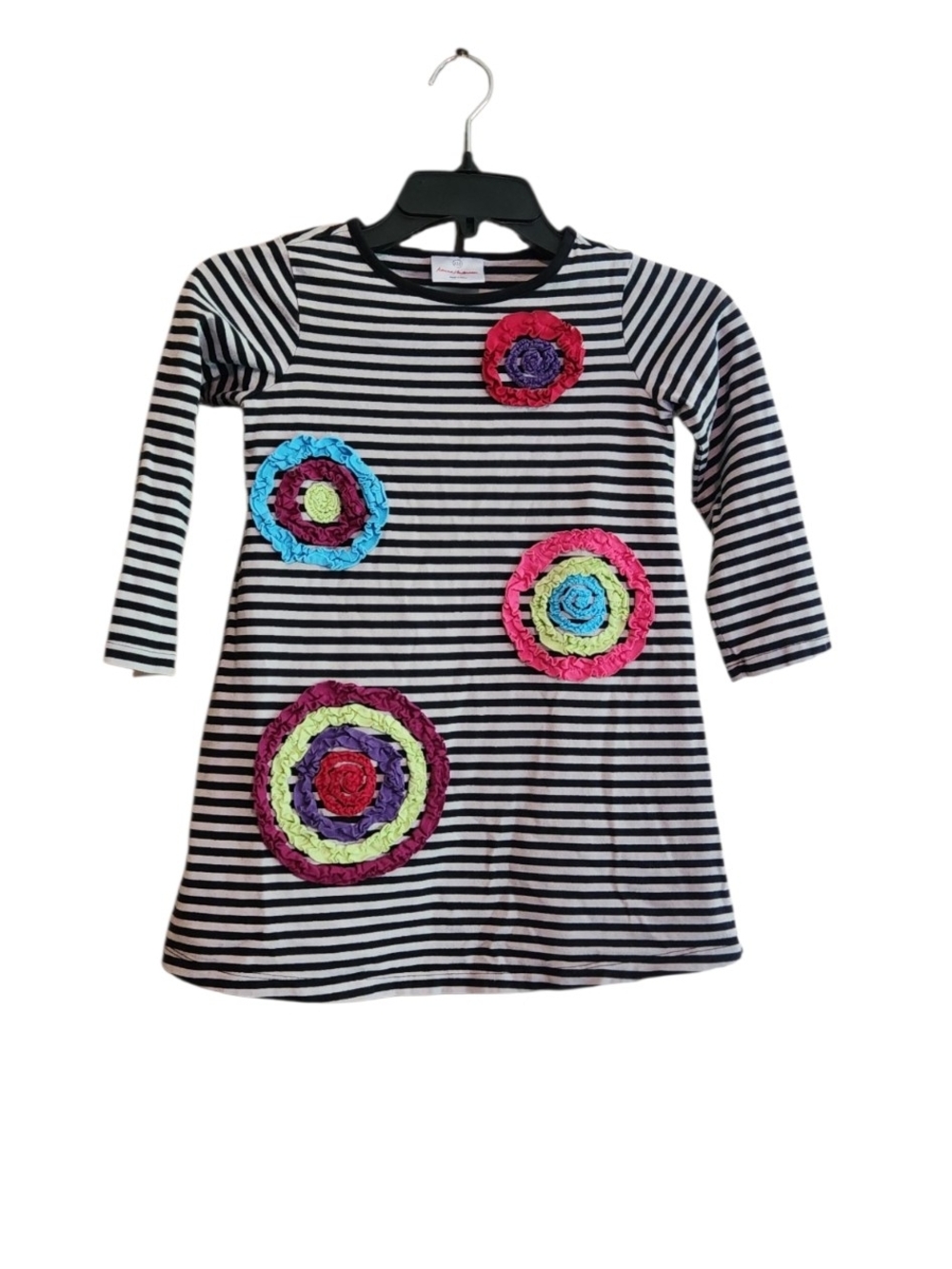 Hanna Andersson Black & White Striped Dress with Colorful Floral Rosette Circles